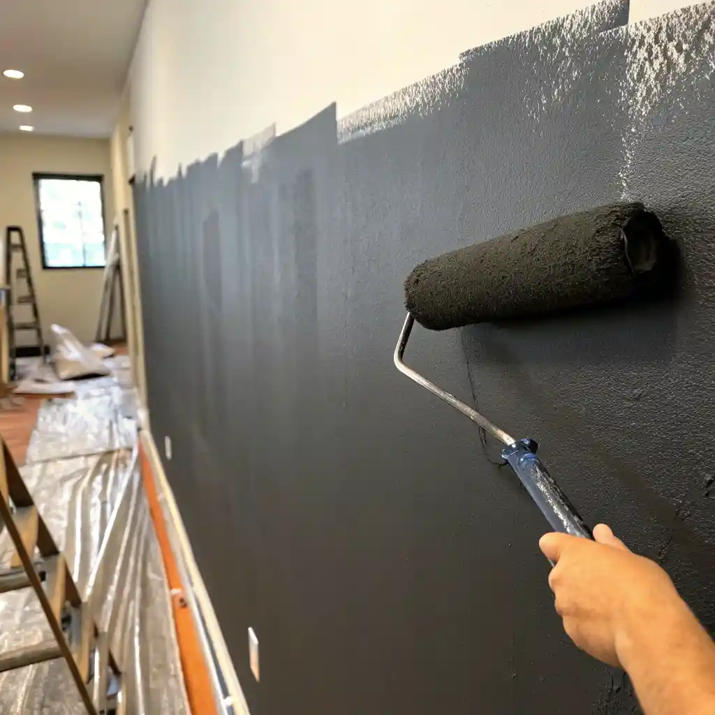 Painting a wall with a matte charcoal finish.