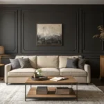 Sophisticated living room with dark charcoal walls and minimalistic furniture.