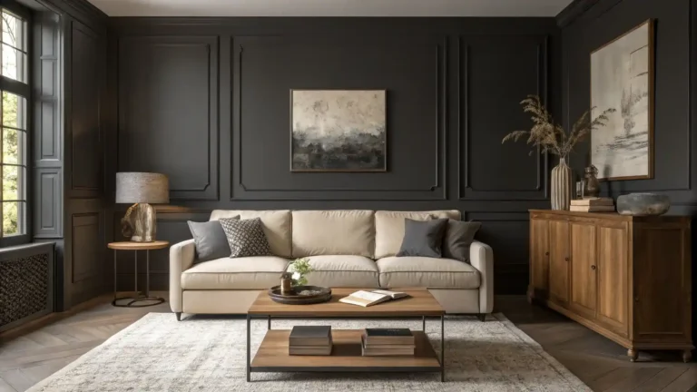 Sophisticated living room with dark charcoal walls and minimalistic furniture.