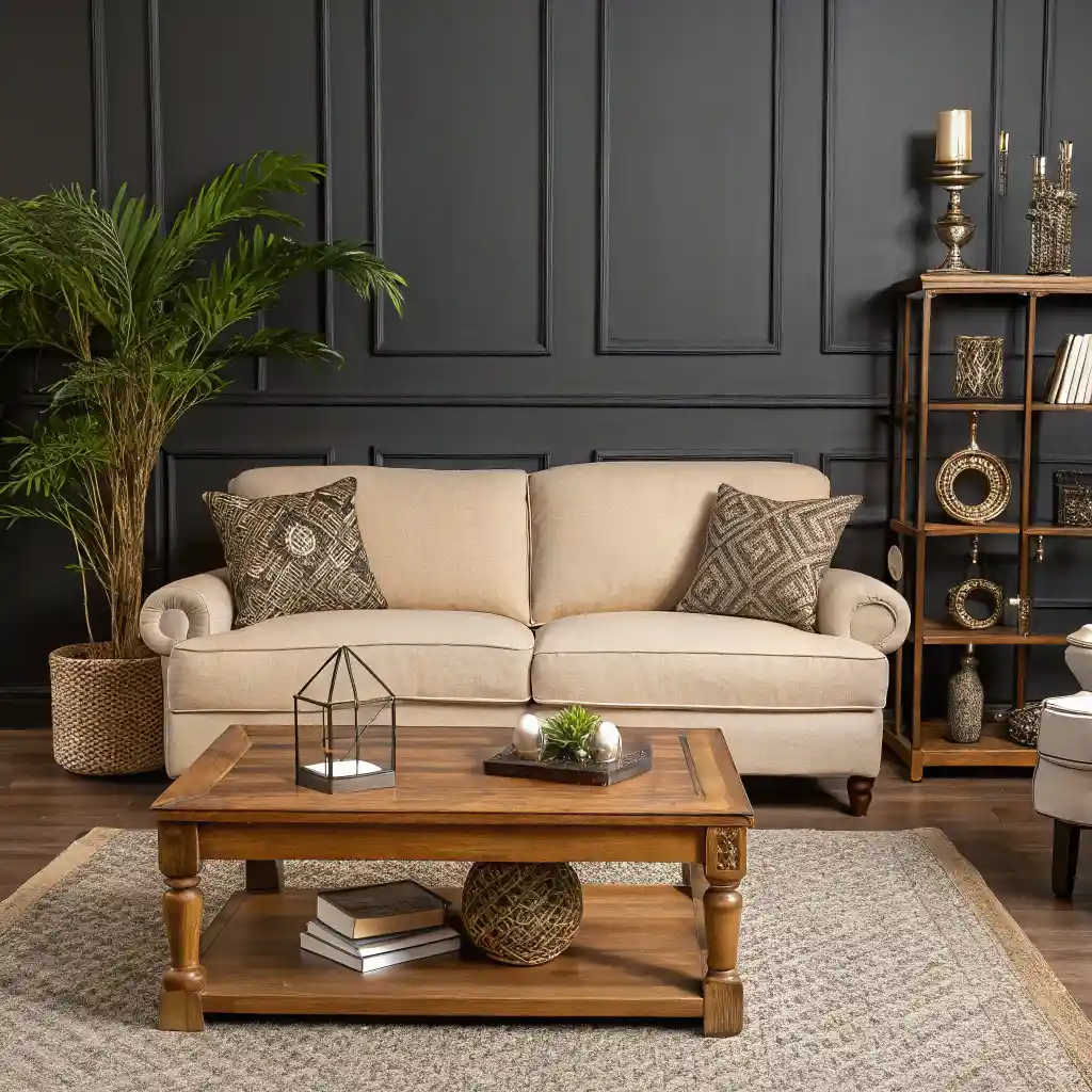 Dark navy wall with natural light and plush furniture.