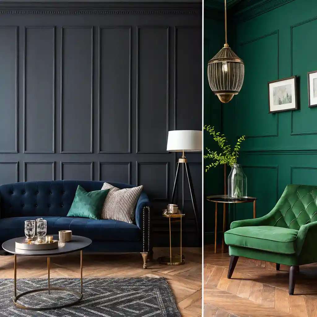 Various dark wall colors like charcoal grey, navy, black, and emerald green in different living room setups.