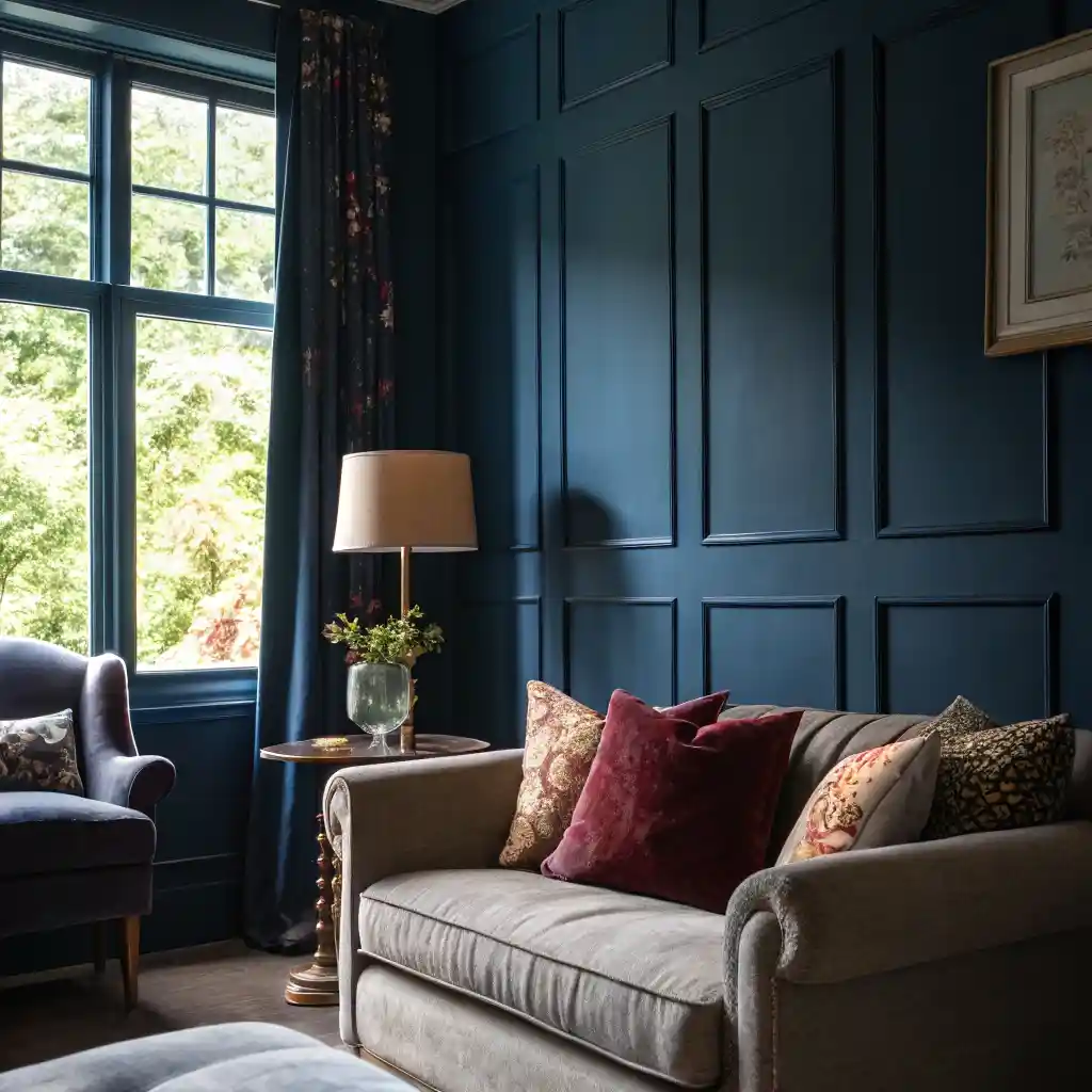 Small living room with dark walls and light furniture to create a balanced, open atmosphere.