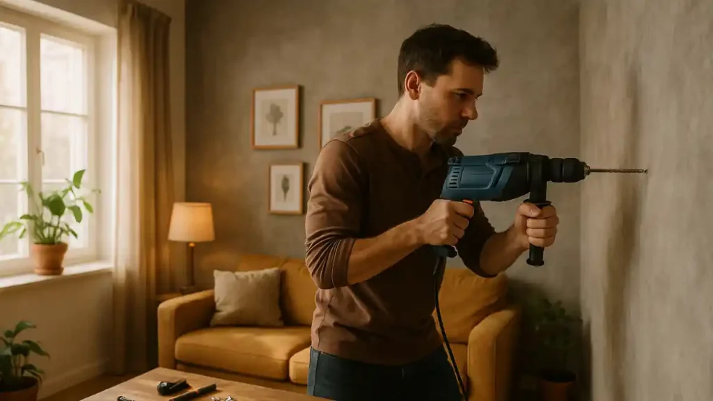 Person using a hammer drill to drill into a cement wall, preparing to hang a frame, with tools like screws, level, and tape measure on the table.