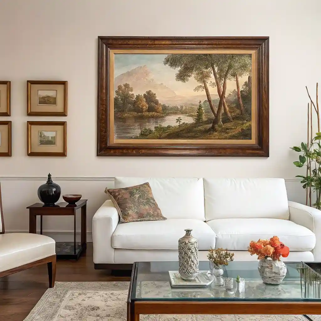Displaying vintage wall art in a modern living room