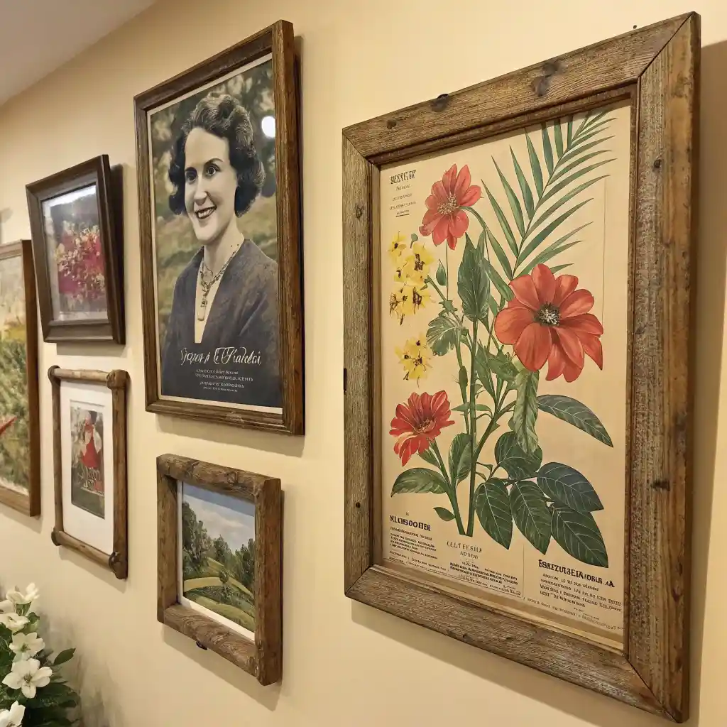 Various vintage wall art styles including retro posters and botanical prints