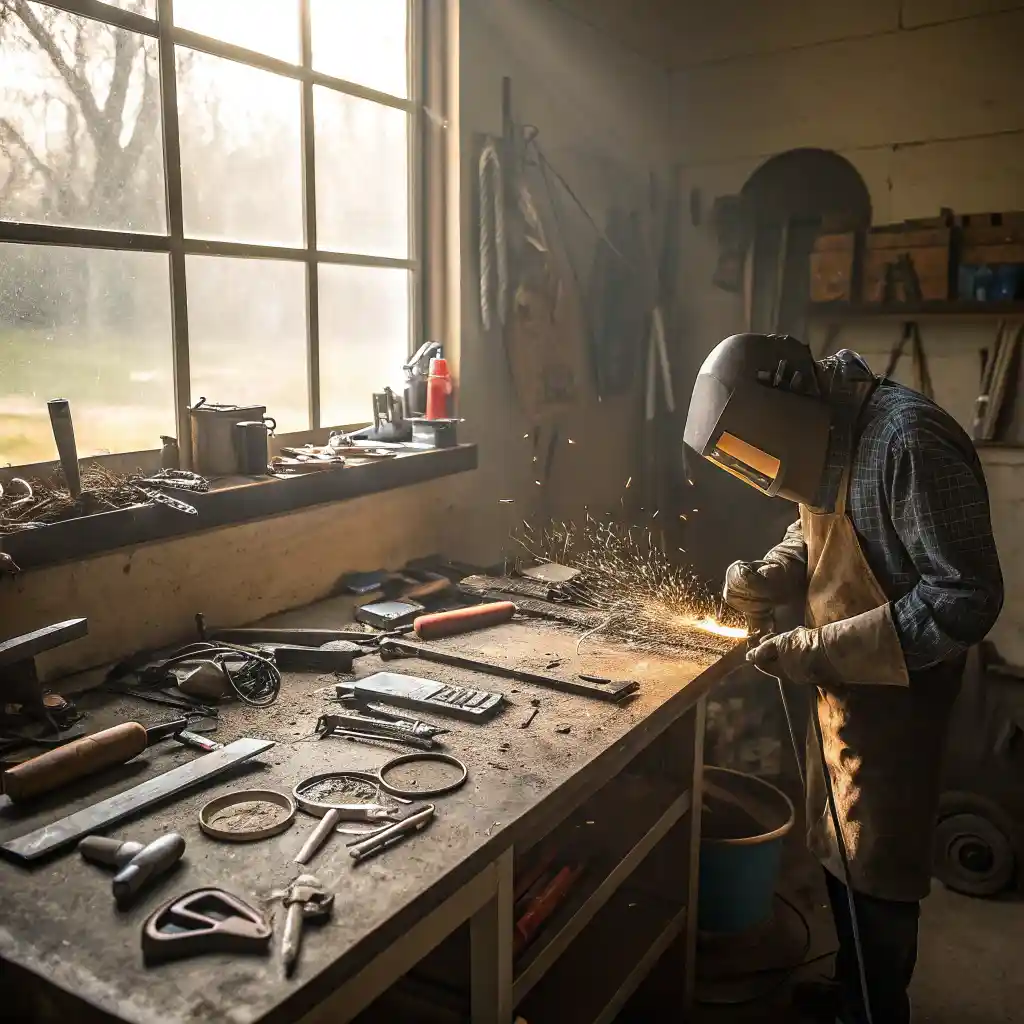 Artist welding metal in a home studio with tools scattered on a workbench.