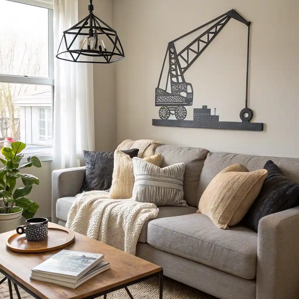Large abstract industrial metal sculpture in a cozy living room above the sofa.