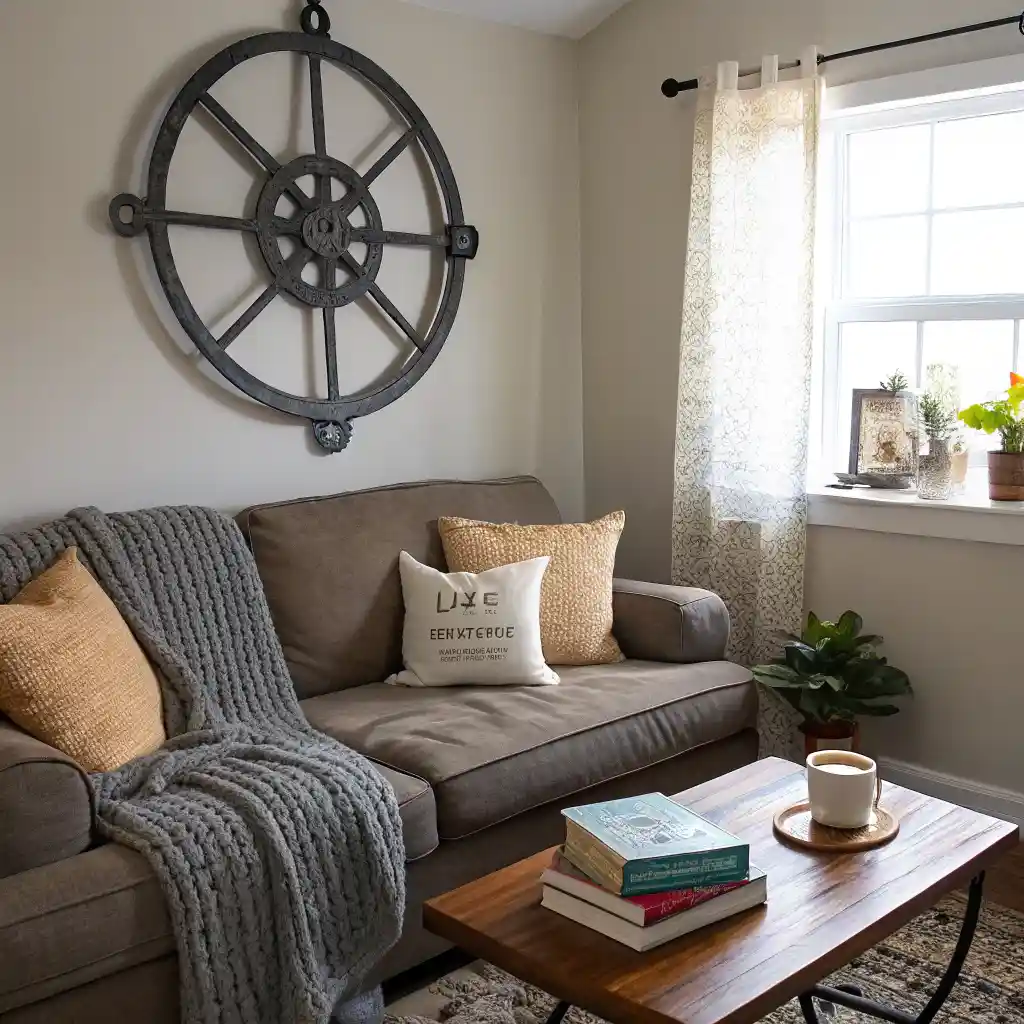 Sleek industrial metal sculpture as the focal point in a minimalist living room with neutral decor.