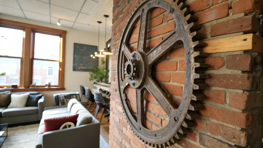 Close-up of industrial metal wall art piece with welded patterns in an urban apartment living room