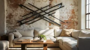 Cozy living room with industrial metal art sculpture on brick wall, beige sofa, wooden coffee table, and natural light illuminating the space.