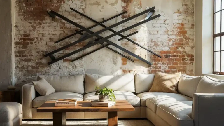 Cozy living room with industrial metal art sculpture on brick wall, beige sofa, wooden coffee table, and natural light illuminating the space.