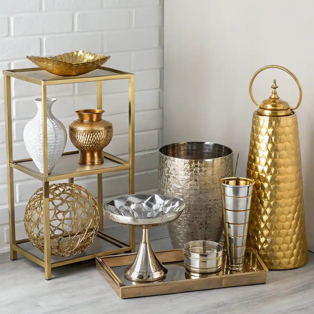 Brass and chrome decor in a modern living room, showcasing mixed metal style