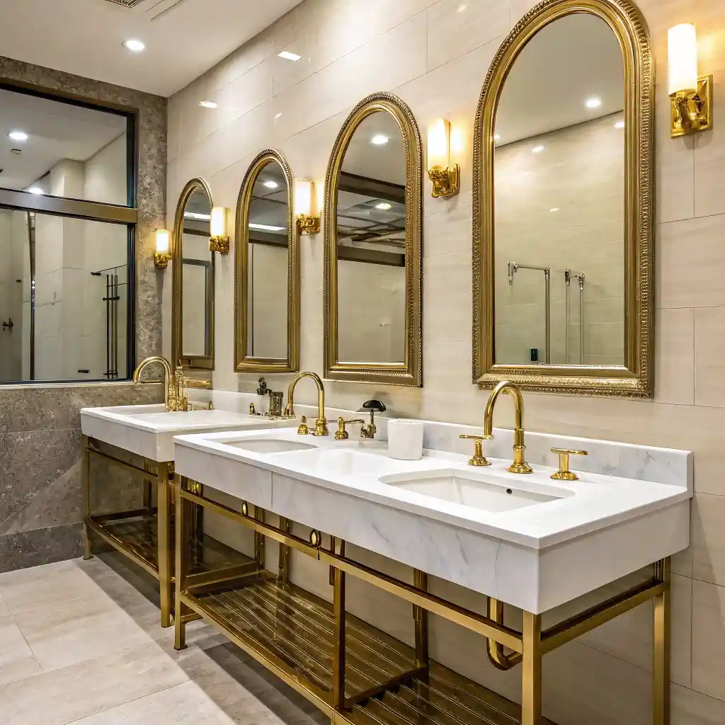 Bathroom with mixed metal finishes, including brushed nickel, gold, and chrome fixtures.