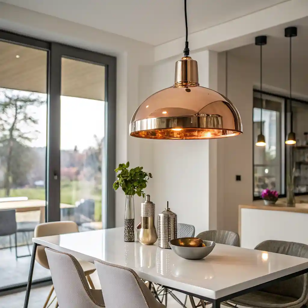 Copper and stainless steel pendant light in a modern dining room.
