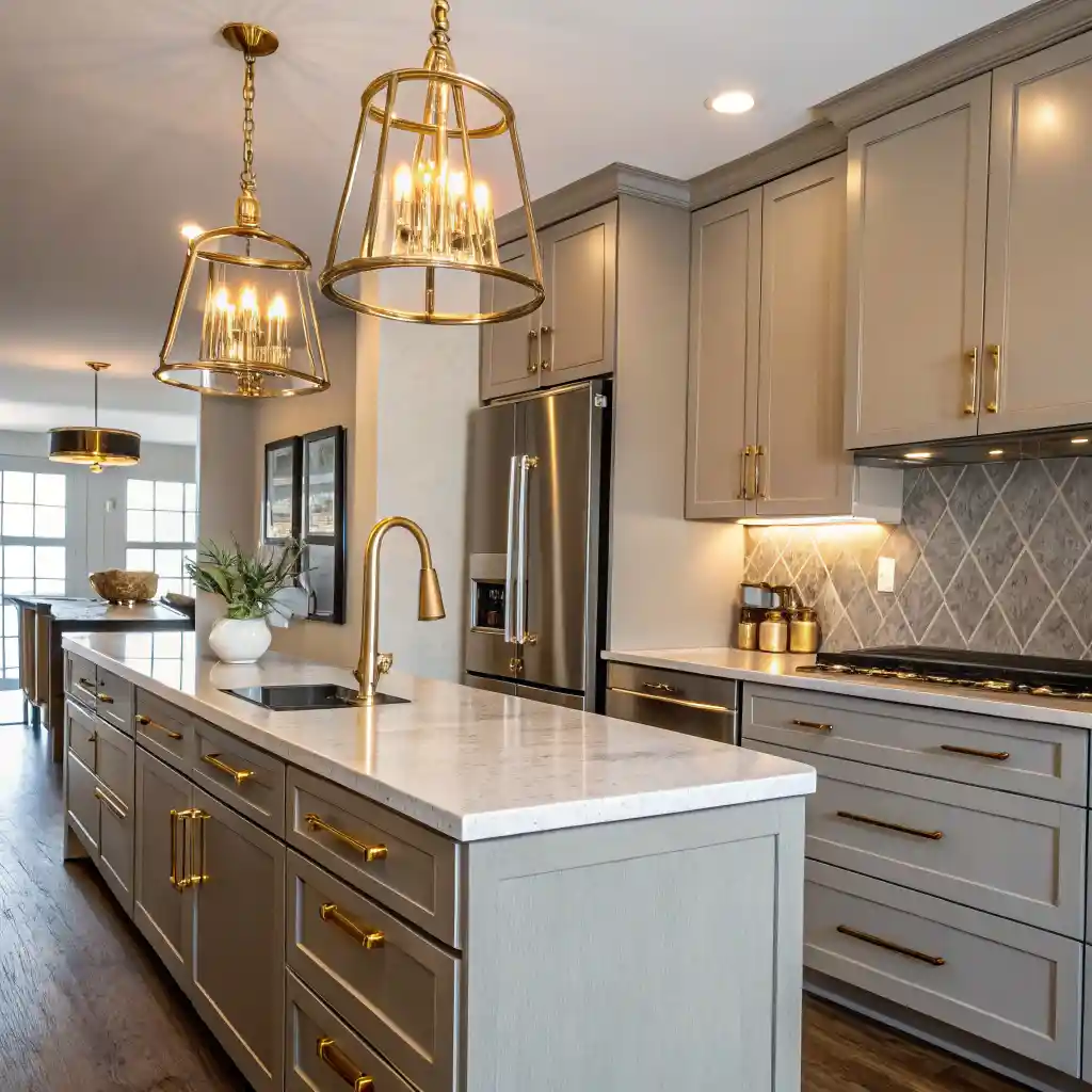 Modern kitchen featuring brushed nickel cabinet pulls and gold lighting fixtures.