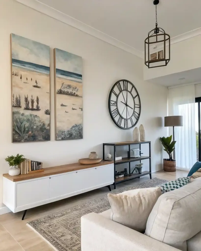 Clutter-free living room with well-placed modern wall decor and large artwork.
