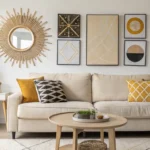Modern wall decor in a living room with geometric wall art, neutral tones, and contemporary furniture.