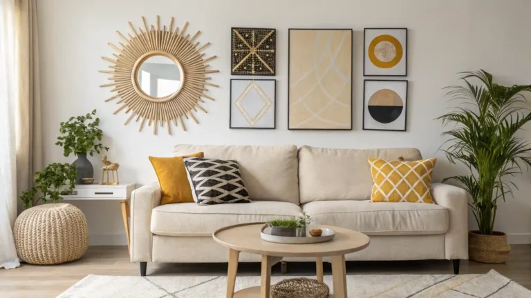 Modern wall decor in a living room with geometric wall art, neutral tones, and contemporary furniture.