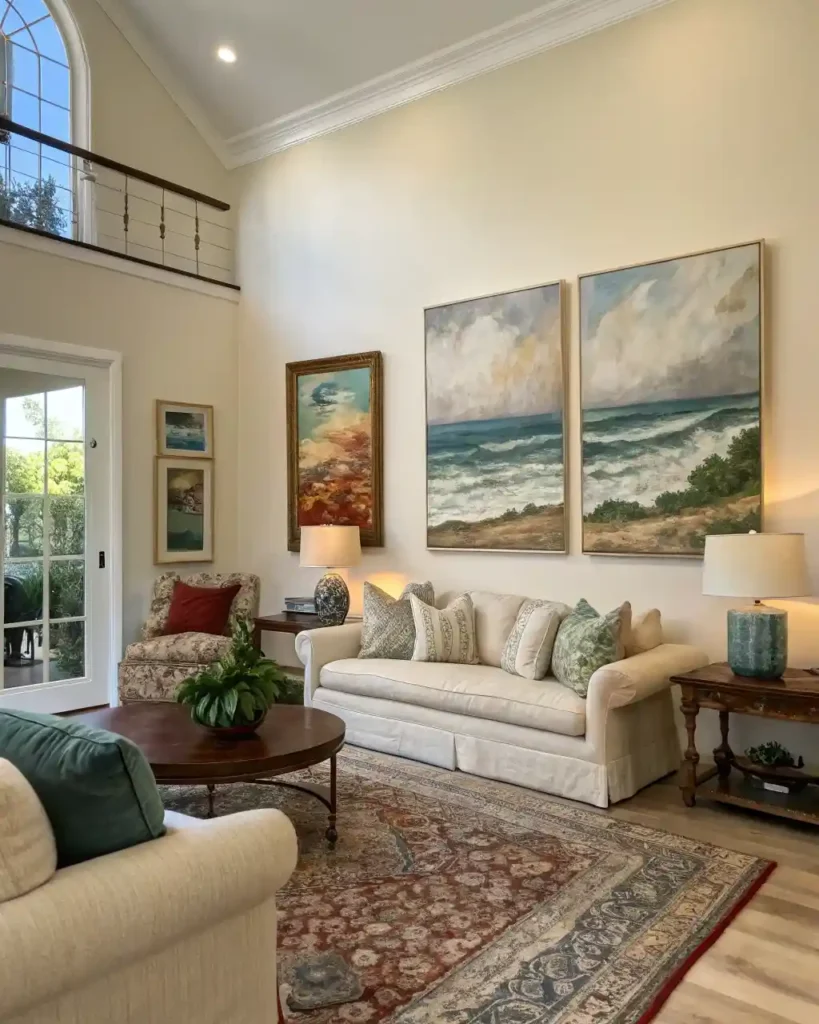 Well-arranged modern wall decor with a gallery wall above a sofa.