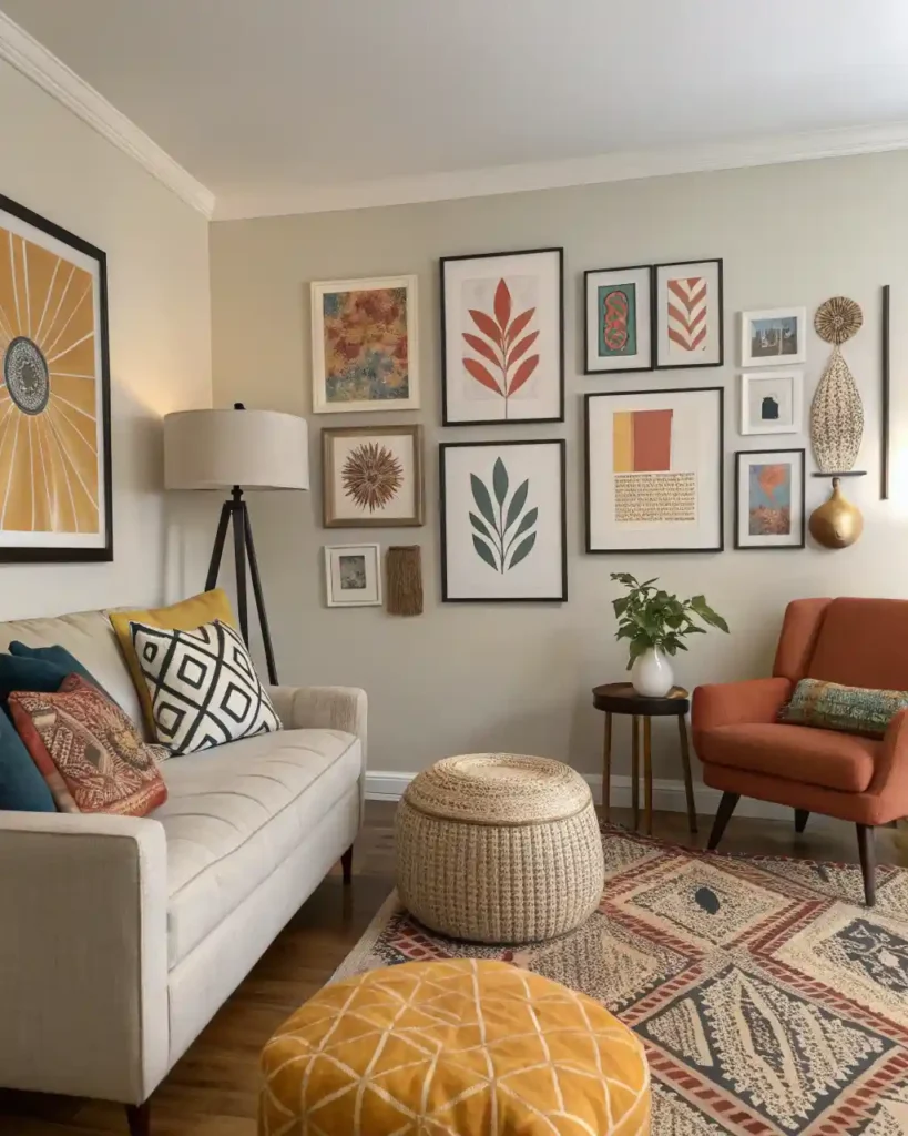 Budget-friendly modern wall decor with DIY art and affordable prints in a cozy living room.