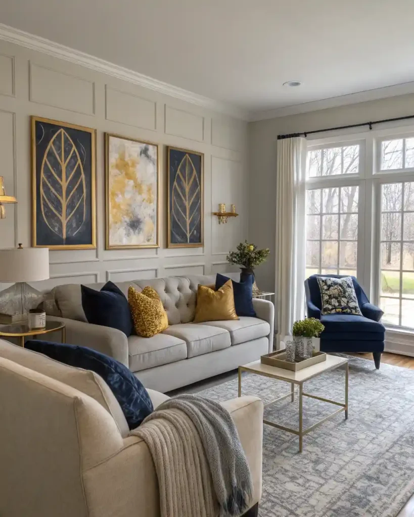 Modern wall decor in a living room with oversized art, a minimalist shelf, and a statement clock.