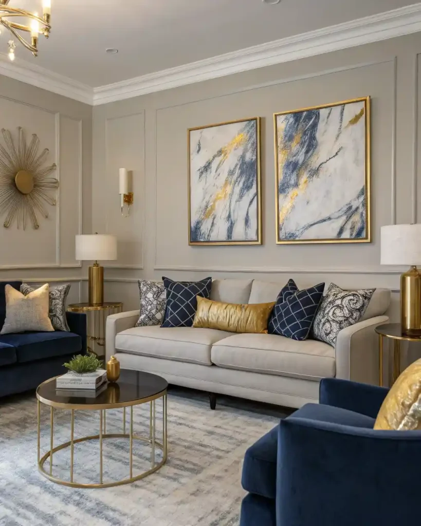 Modern wall decor in a living room with bold artwork and a neutral color palette.