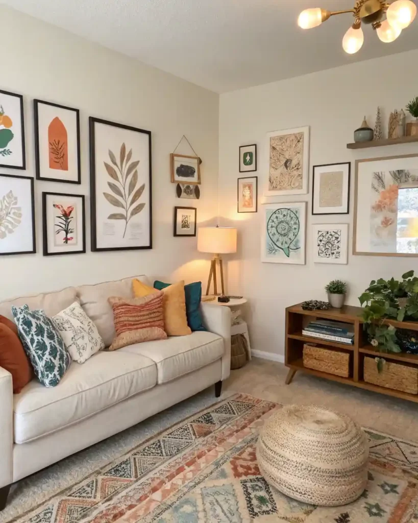 Trending modern wall decor in a living room with a gallery wall of abstract and geometric art.