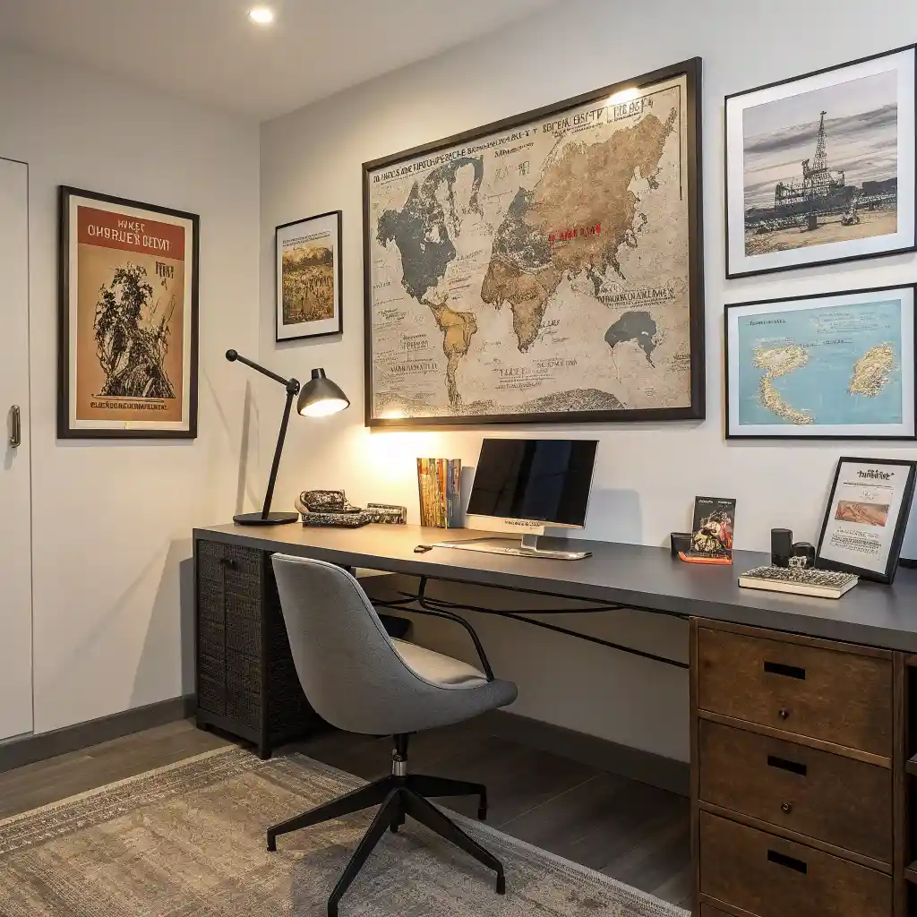 A modern office space with framed vintage wall art, including vintage maps and retro posters, above the desk.
