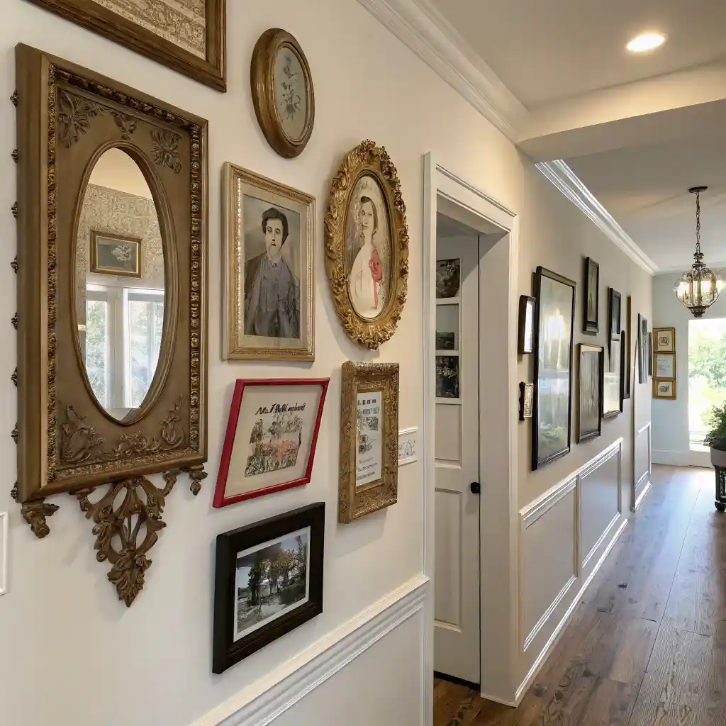 Hallway with a mix of vintage wall art, including family photos, retro posters, and vintage mirrors.