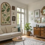 Cozy living room featuring vintage wall decor with framed vintage wall art like antique mirrors and botanical prints.