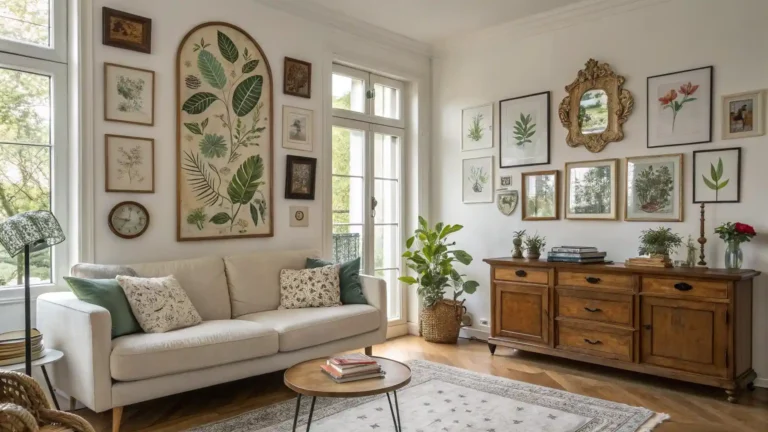 Cozy living room featuring vintage wall decor with framed vintage wall art like antique mirrors and botanical prints.