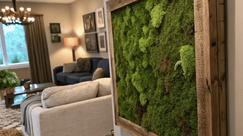 DIY Moss Wall Art in a Modern Living Room.