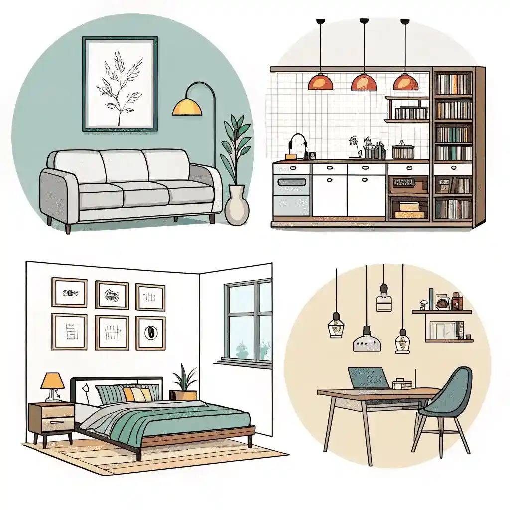 home decor elements like 3D wall panels, nature art, area rugs, and accent pieces.