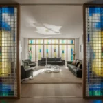 Modern living room with stained glass partition dividing space
