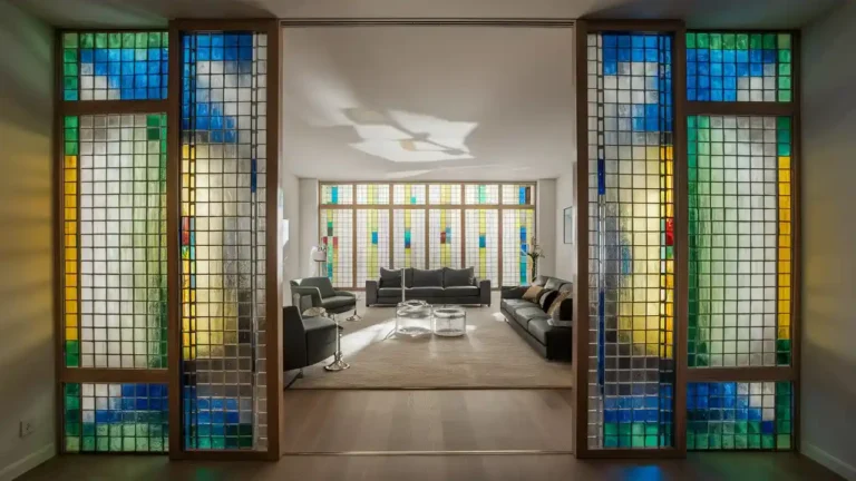 Modern living room with stained glass partition dividing space