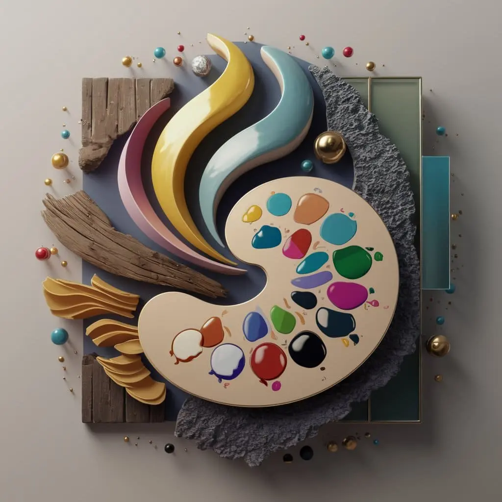 Colorful abstract wall art with dynamic paint splashes and textured elements, representing modern wall art styles.