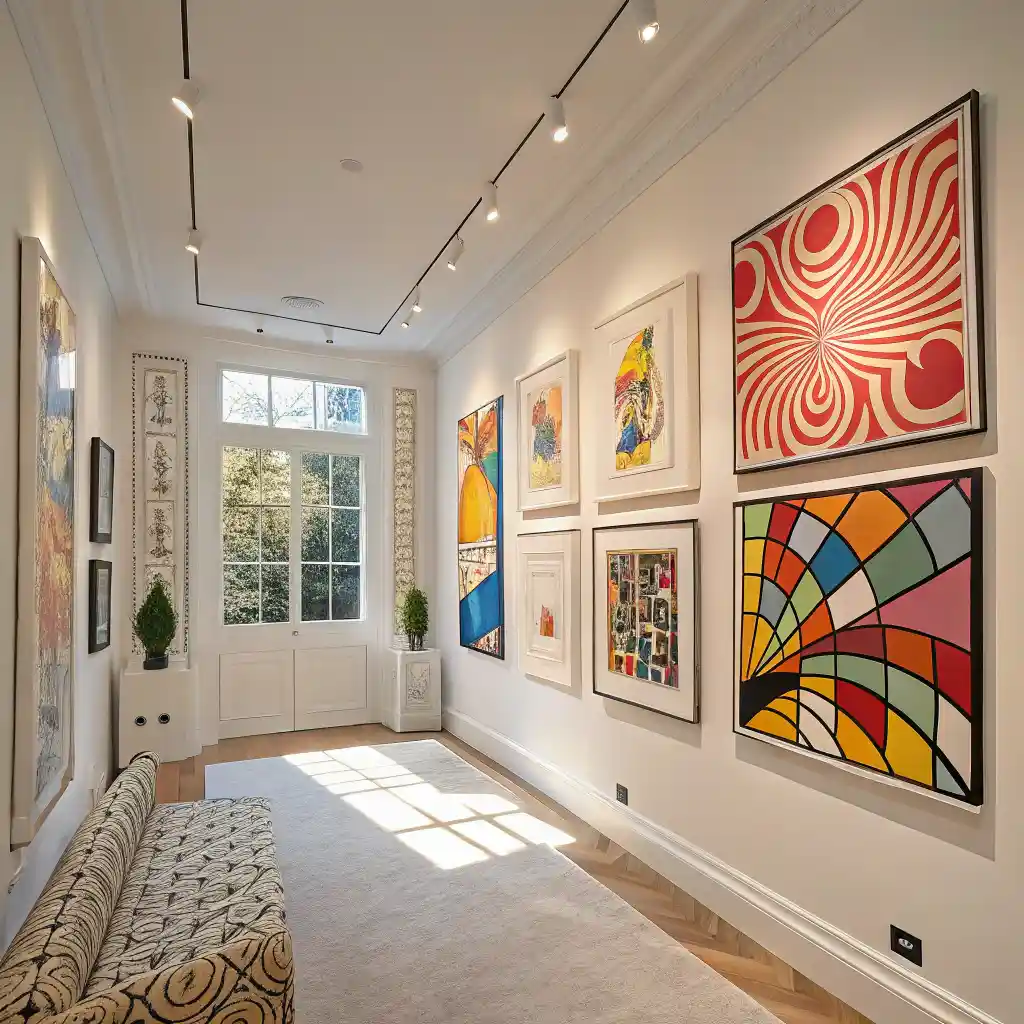 Room with modern artwork displayed on the walls.