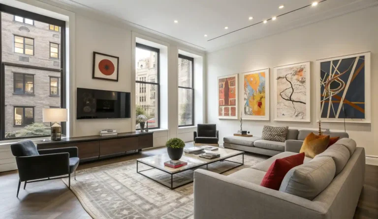 Modern artwork displayed in a contemporary living room.
