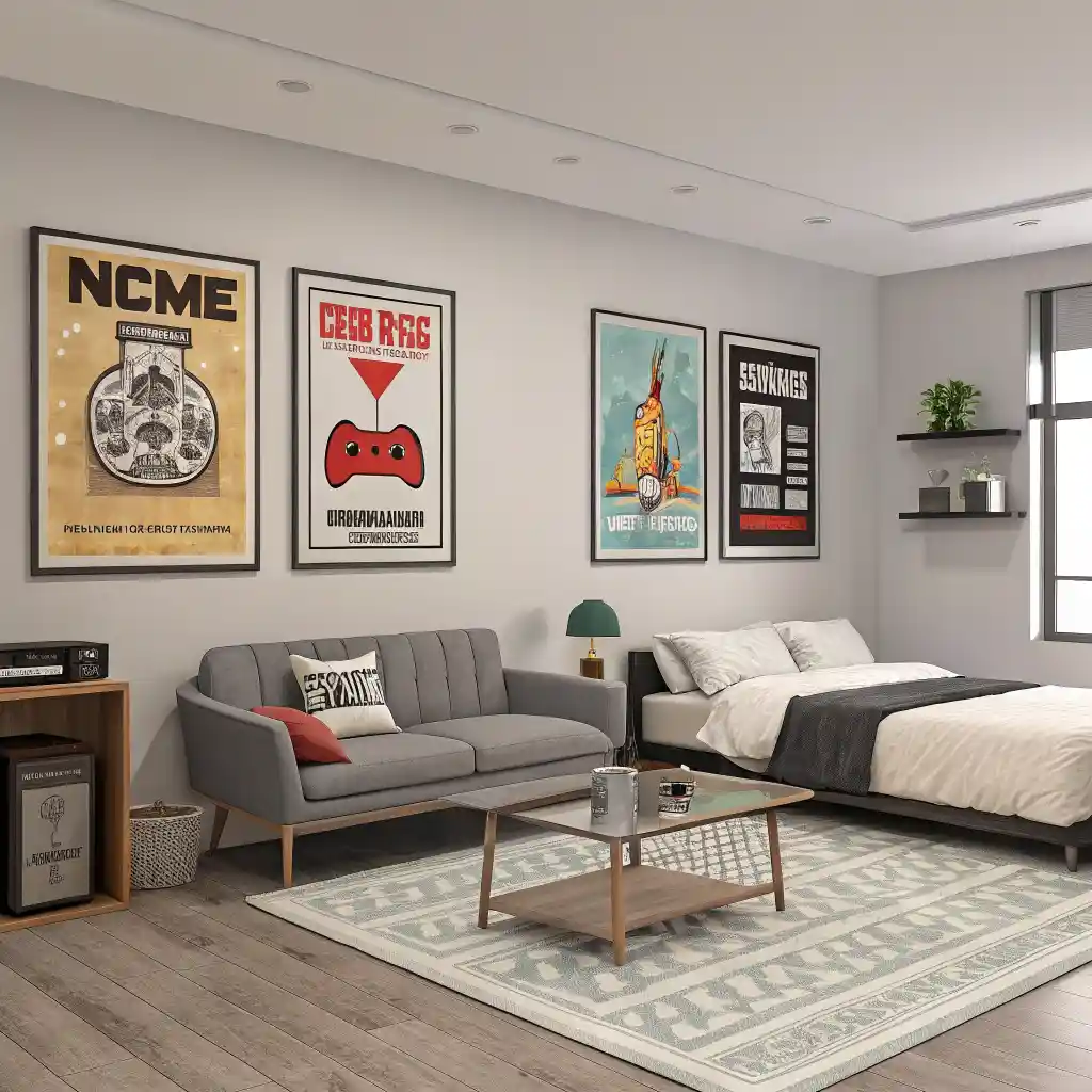 Rooms decorated with retro posters: living room, bedroom, and game room