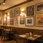 Gallery wall with retro posters in a cozy vintage-inspired living room