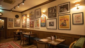 Gallery wall with retro posters in a cozy vintage-inspired living room