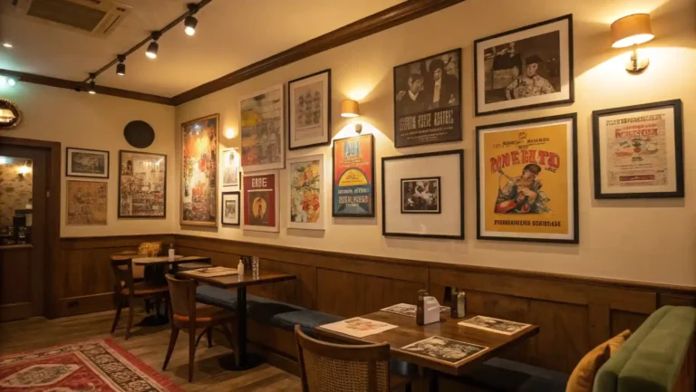 Gallery wall with retro posters in a cozy vintage-inspired living room