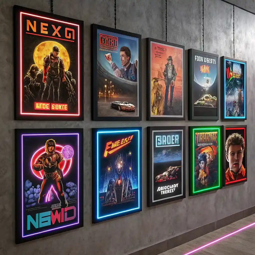 Collage of retro-themed posters including movies, music, and arcade games