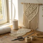 A beginner's macrame workspace with a half-finished macrame wall hanging, scissors, and natural cotton cord.