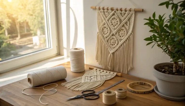 A beginner's macrame workspace with a half-finished macrame wall hanging, scissors, and natural cotton cord.