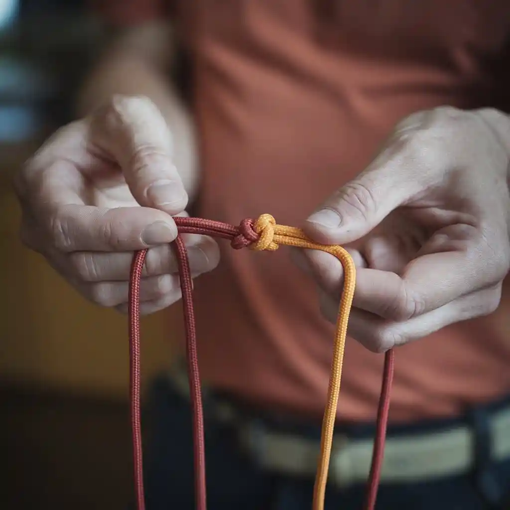 A close-up of hands tying a square knot with macrame cords.