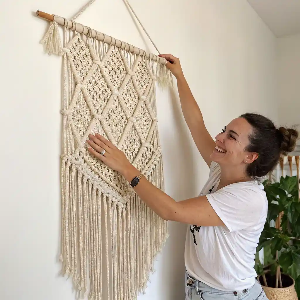 A finished, easy macrame wall hanging being proudly displayed on a wall.