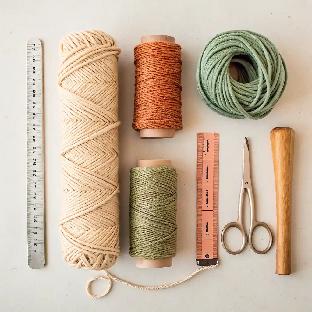 A flat lay of macrame supplies including cotton cord, a wooden dowel, and scissors.