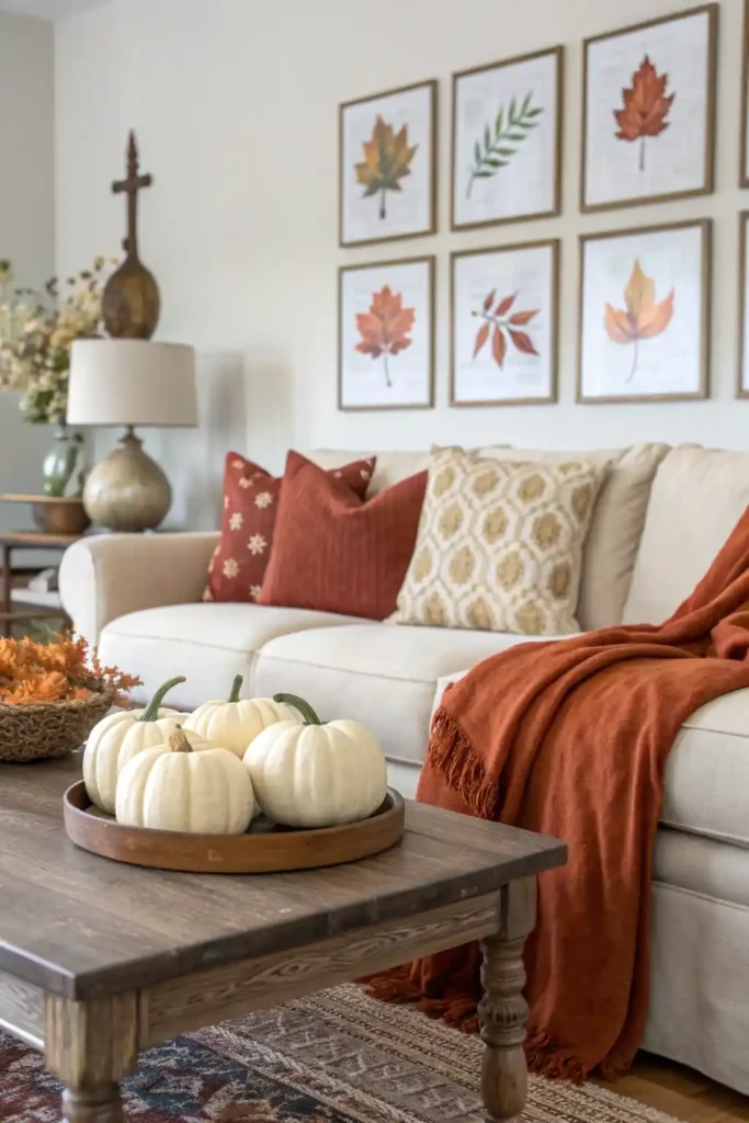 Cozy neutral fall home for Living room with minimal fall decor and autumn accents.