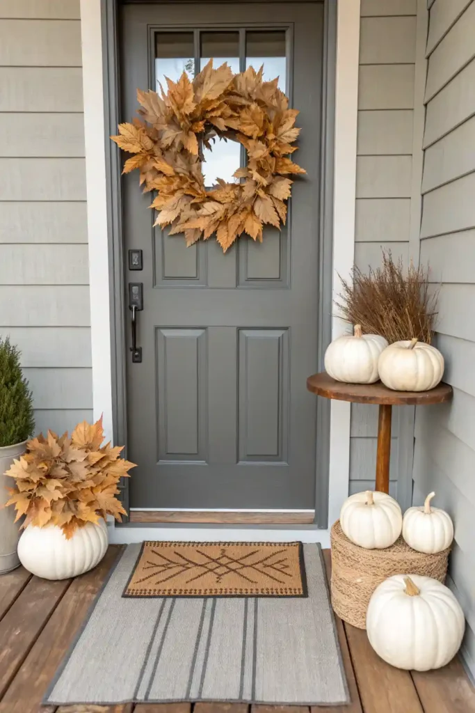 all porch decor with neutral wreath and pumpkins.